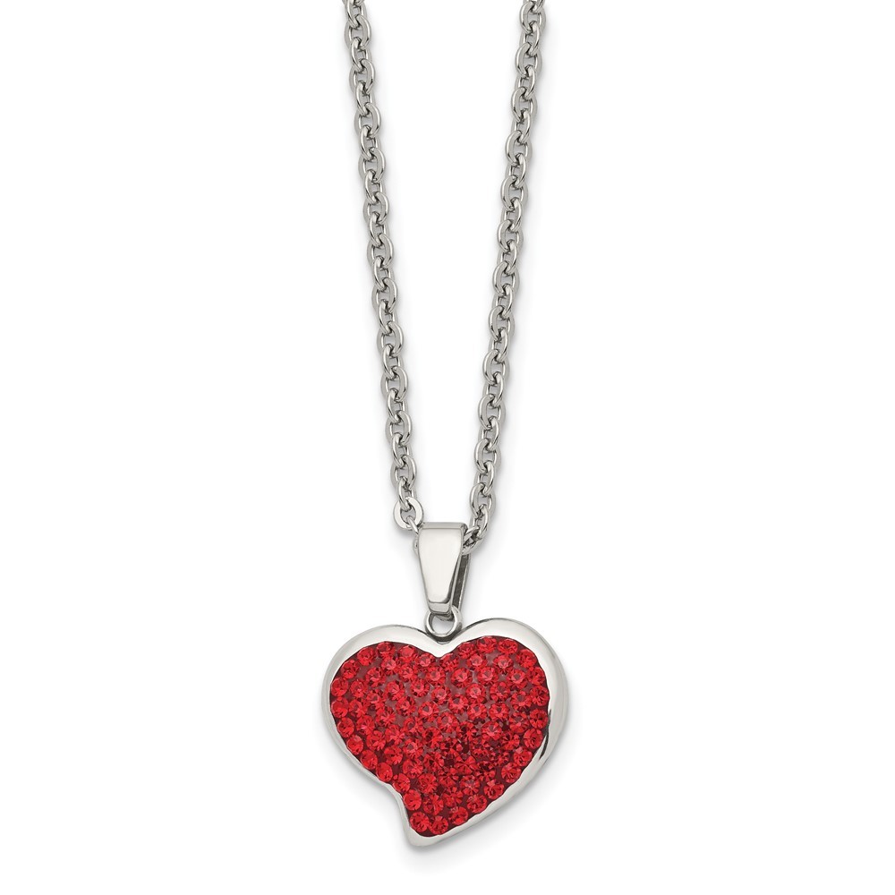 Stainless Steel Polished w/Red Crystal Heart 22in Necklace