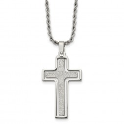 Stainless Steel Polished & Laser Cut Cross 22in Necklace