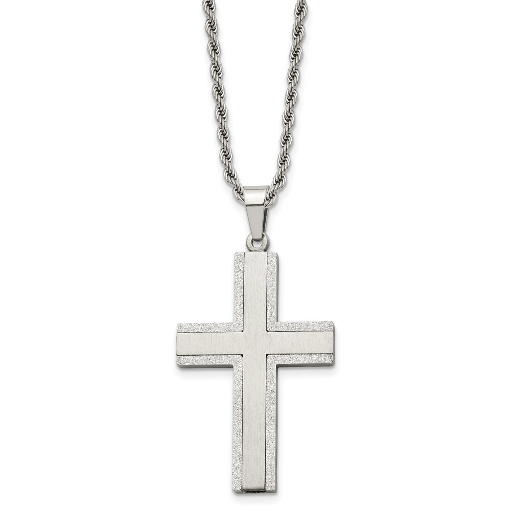 Stainless Steel Polished Laser Cut Edges Cross 24in Necklace