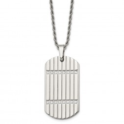 Stainless Steel 24in Polished & Textured w/CZs Dog Tag Necklace