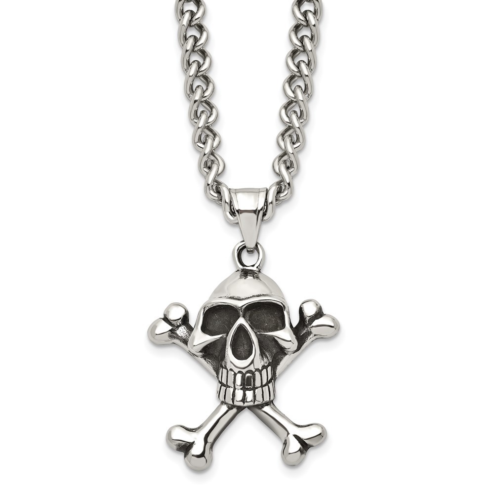 Stainless Steel Antiqued and Polished Skull & Crossbones 24in Necklace