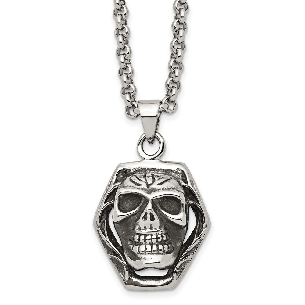 Stainless Steel Antiqued and Polished Skull 24in Necklace