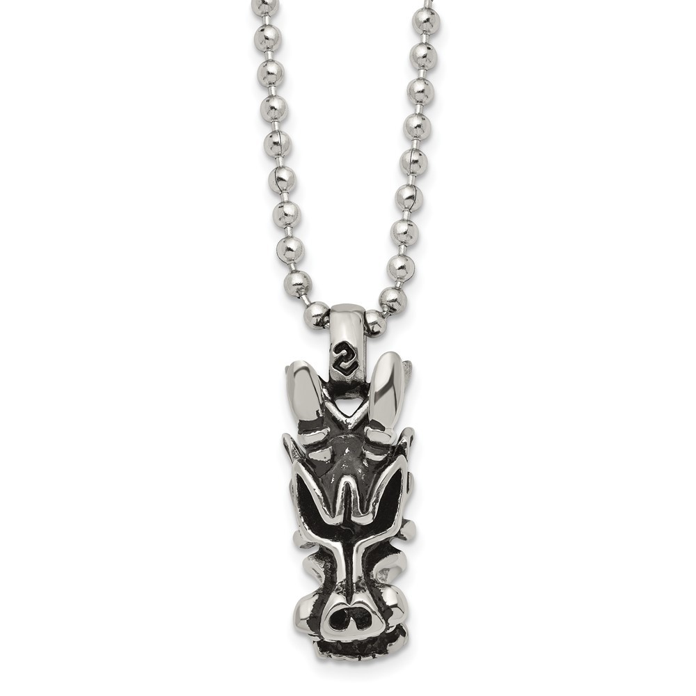 Stainless Steel Antiqued and Polished Dragon Head 22in Necklace