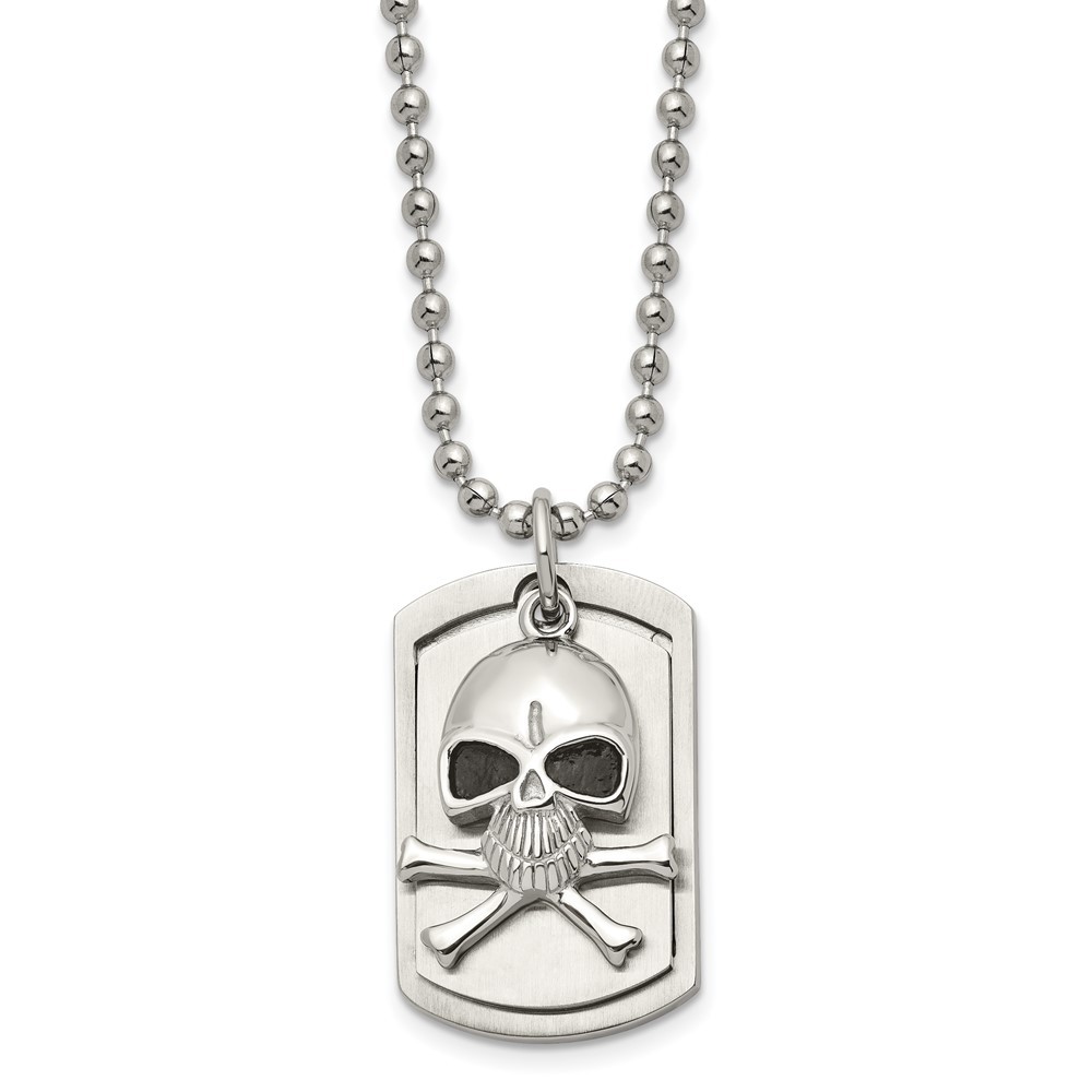 Stainless Steel Antiqued & Polished Skull & Cross Bones Dog Tag Necklace