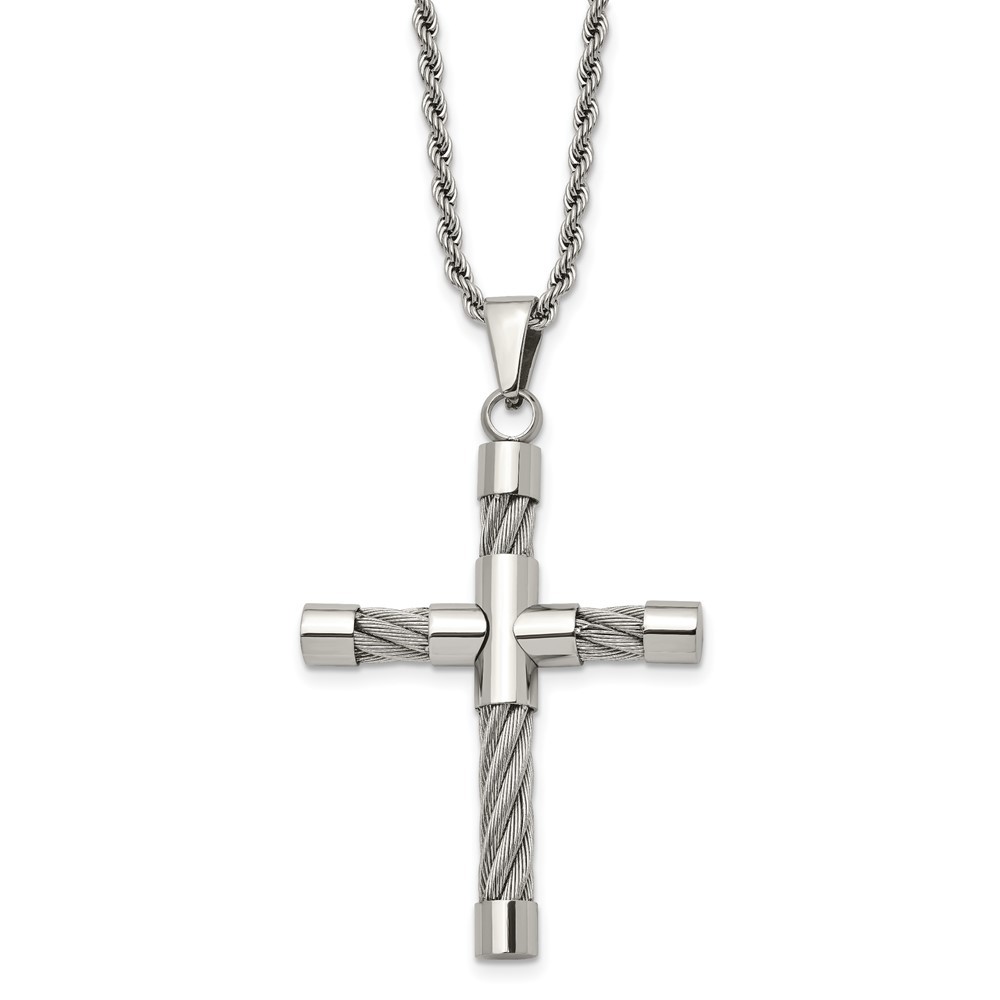 Stainless Steel Polished and Textured w/Cable Cross 22in Necklace