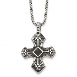 Stainless Steel Antiqued and Brushed w/Black Agate Cross 24in Necklace