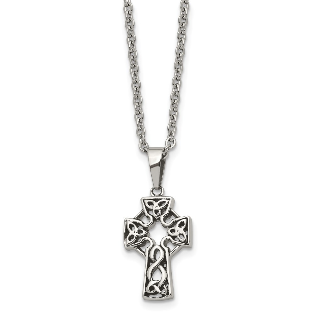 Stainless Steel Antiqued and Brushed Celtic Cross 18in Necklace