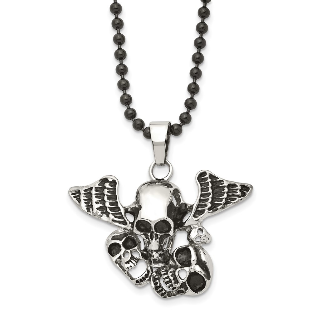 Stainless Steel Antiqued & Polished Black IP Skulls w/Wings 24in Necklace