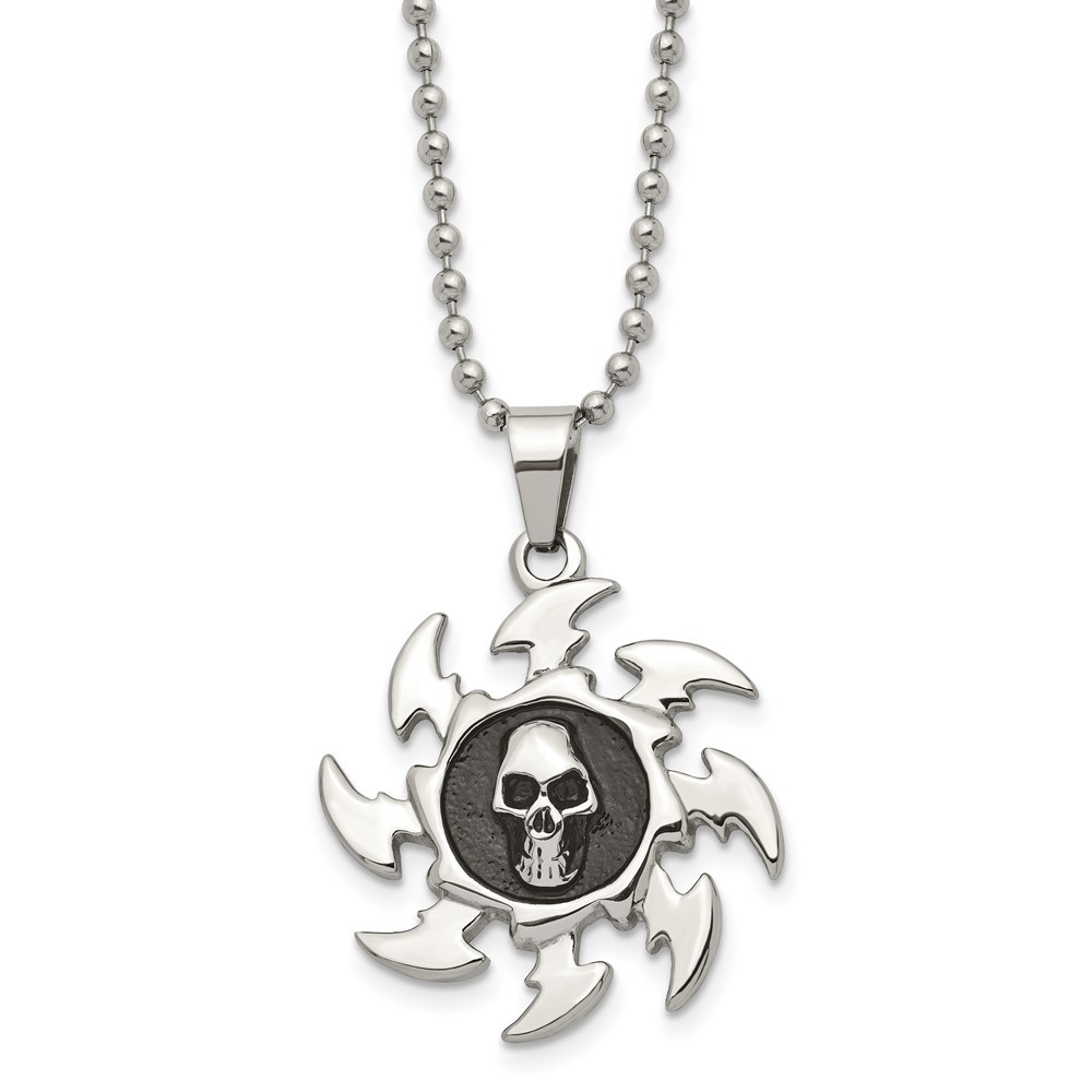 Stainless Steel Antiqued and Polished Saw Blade w/ Skull 24in Necklace