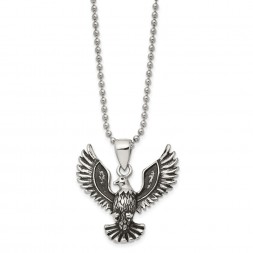 Stainless Steel Antiqued and Polished Screaming Eagle 22in Necklace