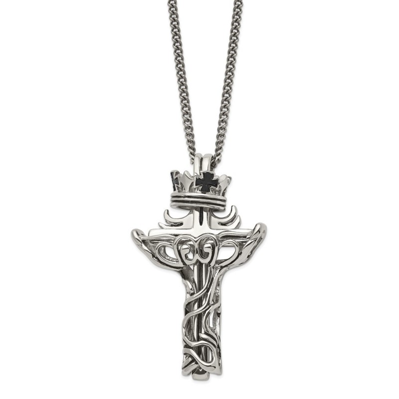 Stainless Steel Polished Enameled Crown/2 piece Cross 22in Necklace