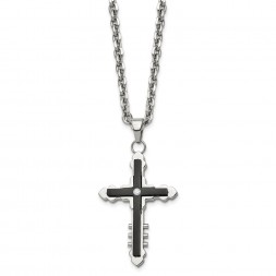 Stainless Steel Polished Black IP-plated w/CZ Cross 22in Necklace
