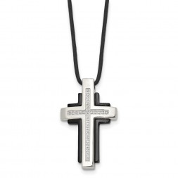 Stainless Steel Polished Black IP w/CZ Cross Leather Cord Necklace
