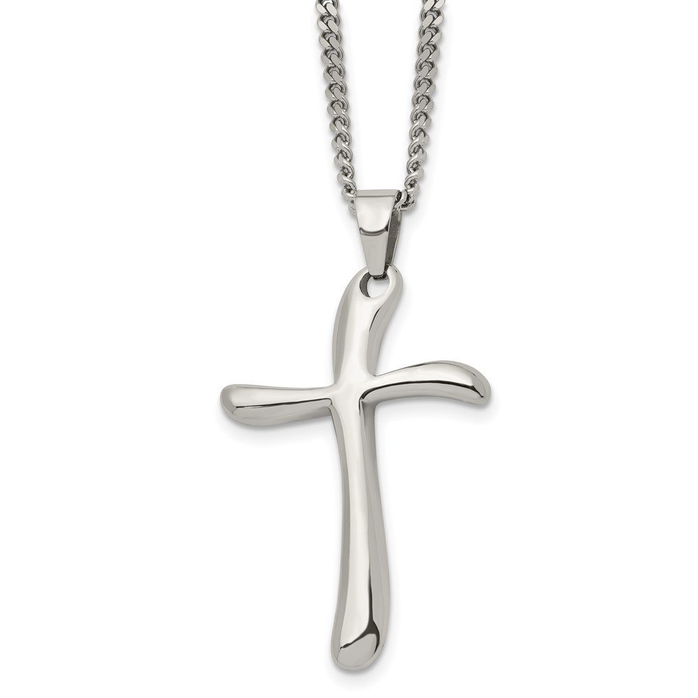 Stainless Steel Polished Wavy Cross  22in Necklace
