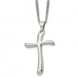 Stainless Steel Polished Wavy Cross  22in Necklace