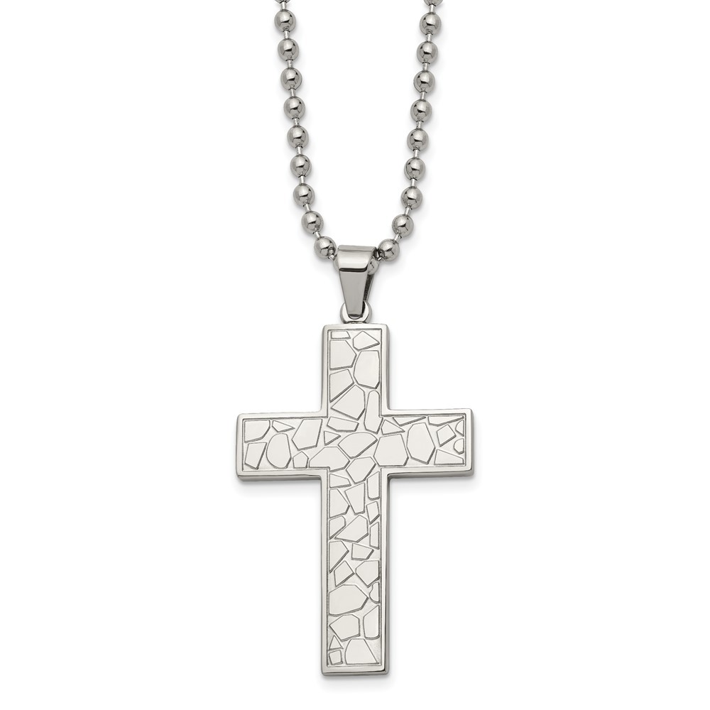 Stainless Steel Polished and Textured Cross 24in Necklace