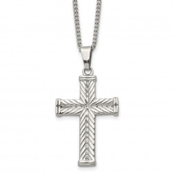 Stainless Steel Polished and Textured Cross 22in Necklace