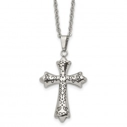 Stainless Steel Antiqued and Polished Cross 20in Necklace