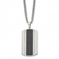Stainless Steel Polished w/Black Carbon Fiber Inlay & CZ Dog Tag Necklace