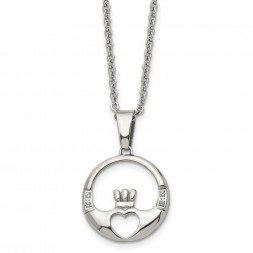Stainless Steel Polished w/CZ Claddagh 20in Necklace