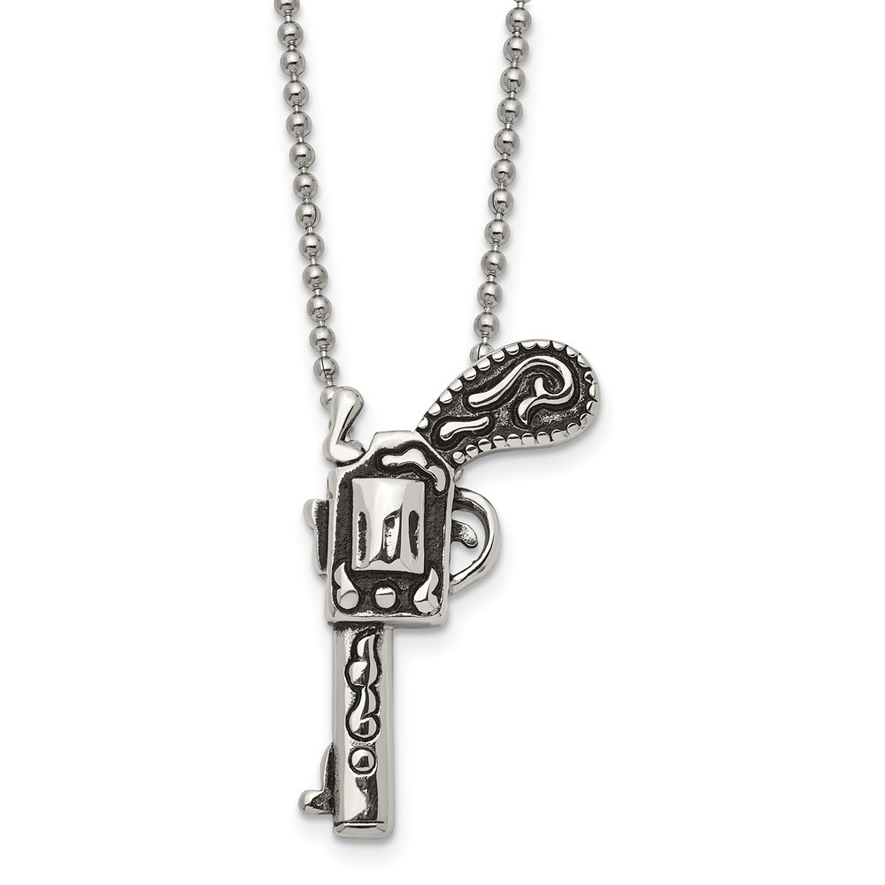 Stainless Steel Antiqued and Brushed Pistol 24in Necklace
