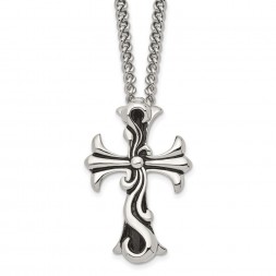 Stainless Steel Antiqued Polished & Textured Scroll Cross 22in Necklace
