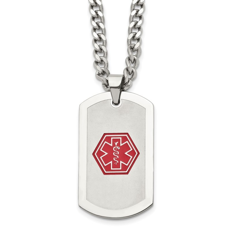 Stainless Steel Brushed & Polished w/Red Enamel Medical ID 30in Necklace