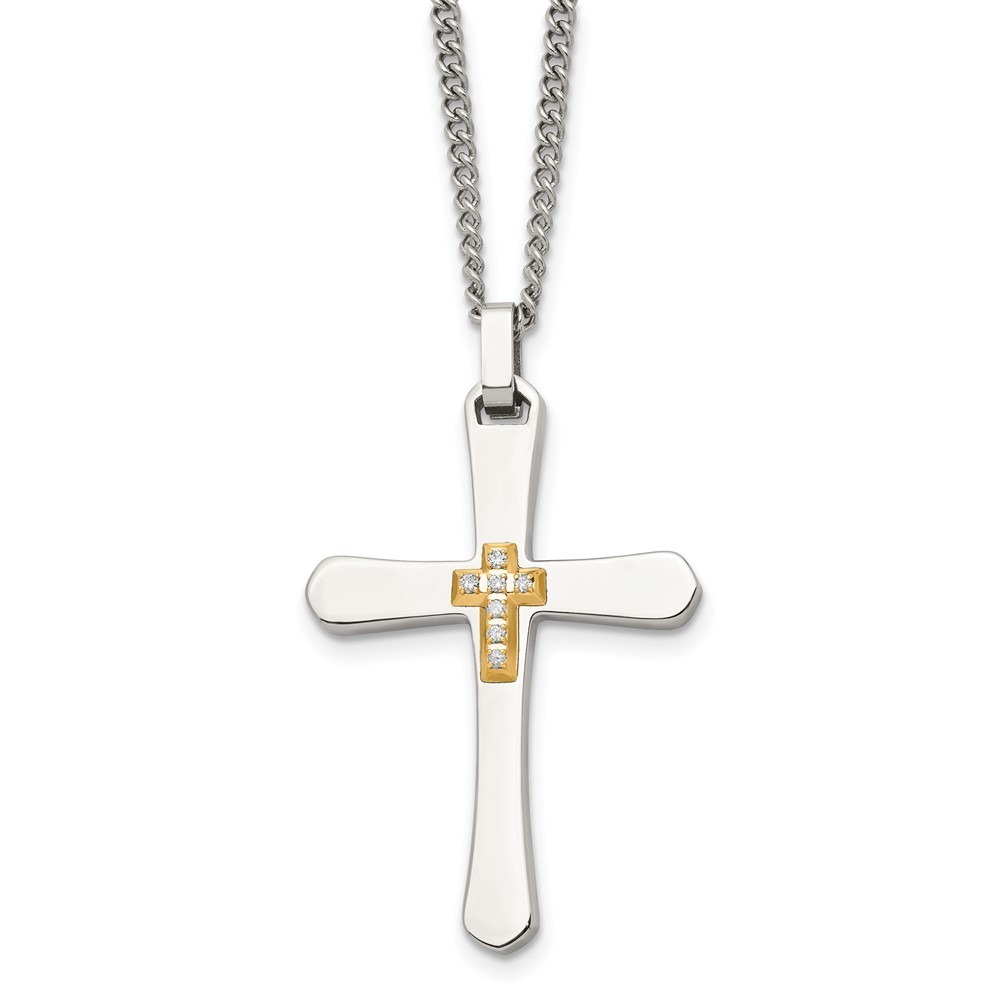 Stainless Steel Polished w/14k Accent 1/15ct Diamond Cross 22in Necklace