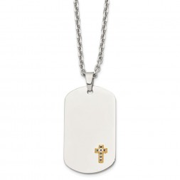 Stainless Steel w/14k Polished w/Sapphires Cross Dog Tag 24in Necklace