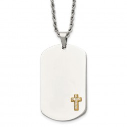 Stainless Steel w/14k Polished 1/15ct Dia Cross Dog Tag 24in Necklace