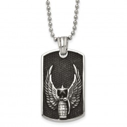 Stainless Steel Antiqued & Polished Wings/Grenade Dog Tag 22in Necklace