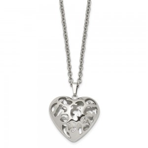 Stainless Steel Polished Filigree Puffed Heart 20in Necklace