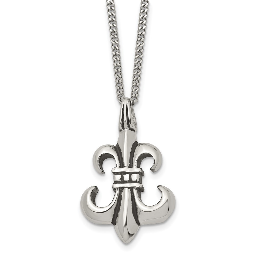 Stainless Steel Antiqued and Polished Fleur de lis 18in Necklace