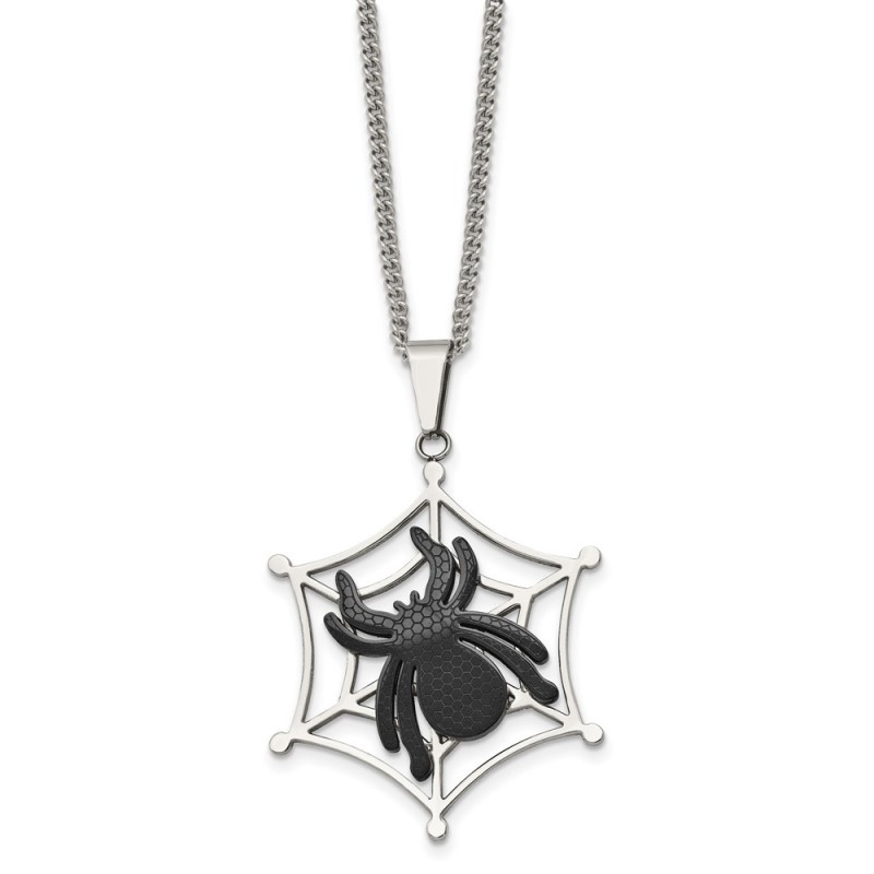 Stainless Steel Polished Black IP-plated Spider on Web 22in Necklace