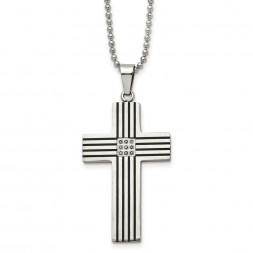 Stainless Steel Polished Black IP-plated 1/20ct Black Dia Cross Necklace