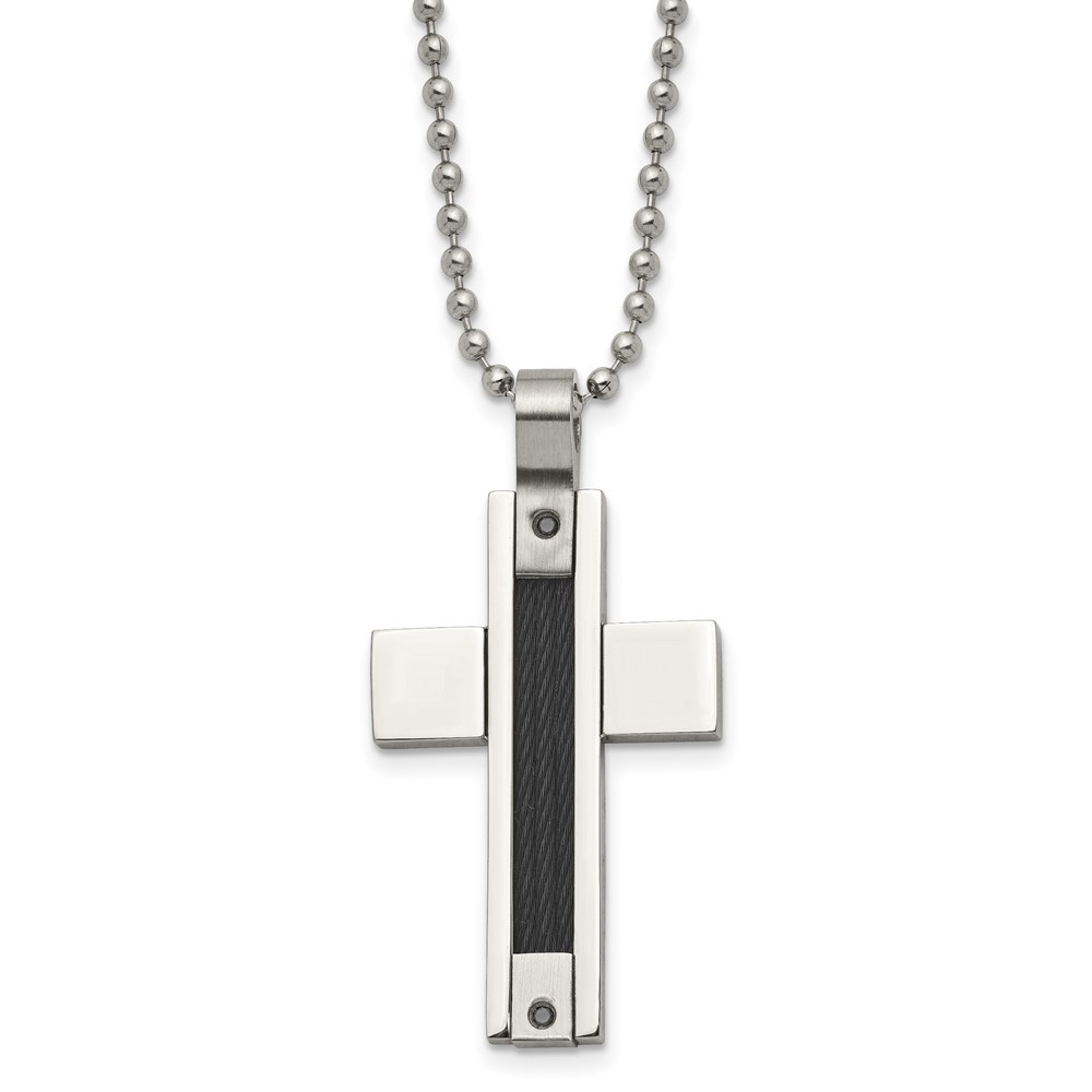 Stainless Steel Polished Black IP Cable 1/20ct Black Dia Cross Necklace