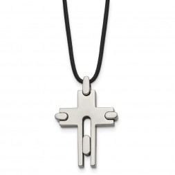 Titanium Polished Cross Leather Cord 18in Necklace