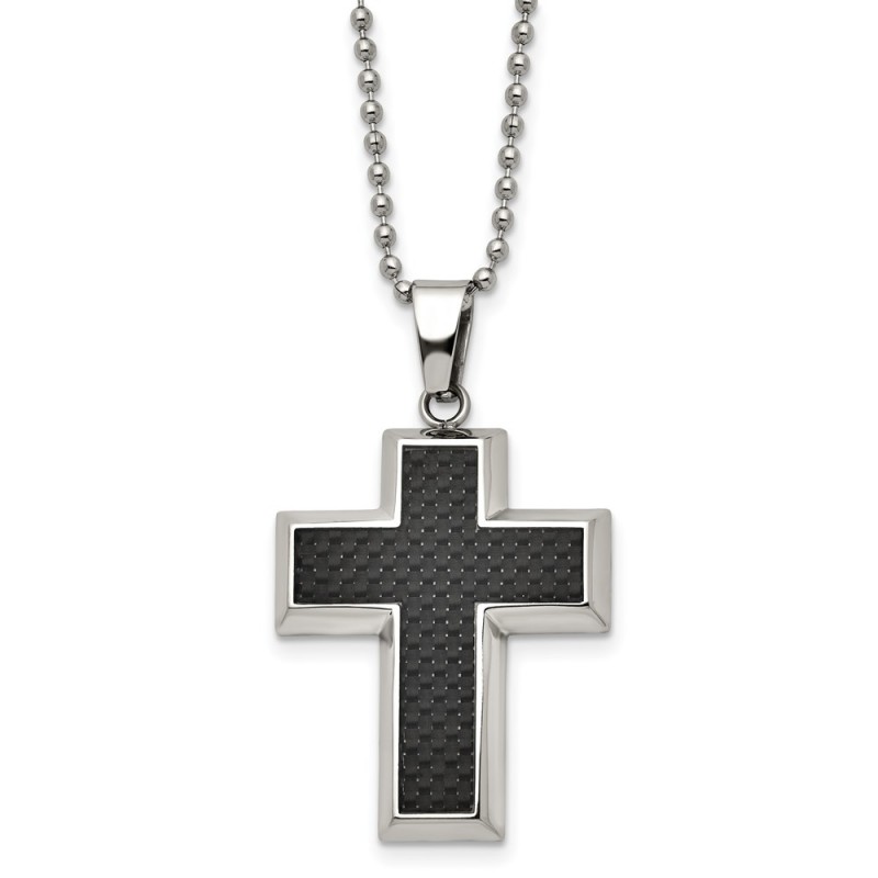Titanium Polished w/Black Carbon Fiber Inlay Cross 22in Necklace