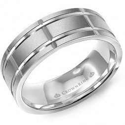 White Gold Wedding Band With Sandblast Finish And Carved Detailing