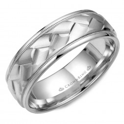 White Gold Wedding Band With Carved Patterned Center And Milgrain Detailing