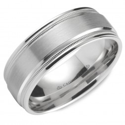 Wedding Band In White Gold With Brushed Center And Milgrain Detailing